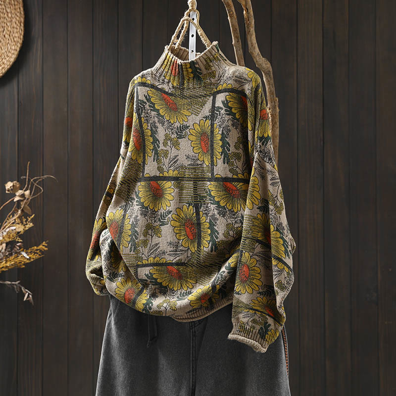 Buddha Stones Sunflower Pattern Mock Neck Long Sleeve Women's Cotton Sweater - Linen - US4-8/10，UK/AU8-12/14，EU36-40/42 (F) - image 0