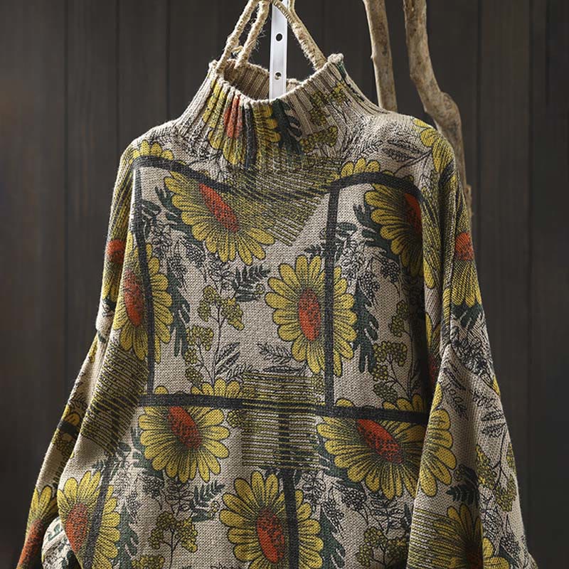 Buddha Stones Sunflower Pattern Mock Neck Long Sleeve Women's Cotton Sweater - image 1