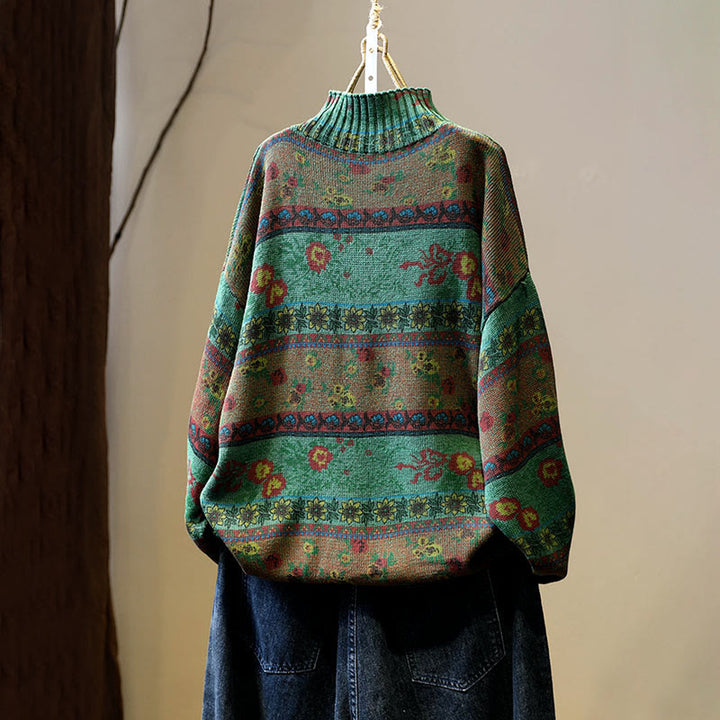 Buddha Stones Winter Color-block Flower Pattern Mock Neck Long Sleeve Women's Cotton Sweater - image 3