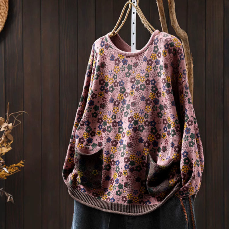 Buddha Stones Knitted Colorful Flowers Pattern Women's Cotton Long Sleeve Sweater With Pockets - Pink - US4-6，UK/AU8-10，EU36-38 (F) - image 14