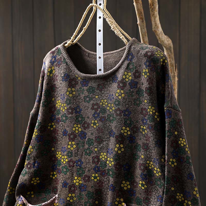 Buddha Stones Knitted Colorful Flowers Pattern Women's Cotton Long Sleeve Sweater With Pockets - image 19