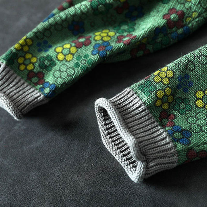 Buddha Stones Knitted Colorful Flowers Pattern Women's Cotton Long Sleeve Sweater With Pockets - image 11