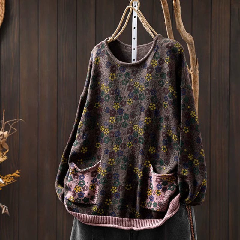 Buddha Stones Knitted Colorful Flowers Pattern Women's Cotton Long Sleeve Sweater With Pockets - SaddleBrown - US4-6，UK/AU8-10，EU36-38 (F) - image 18