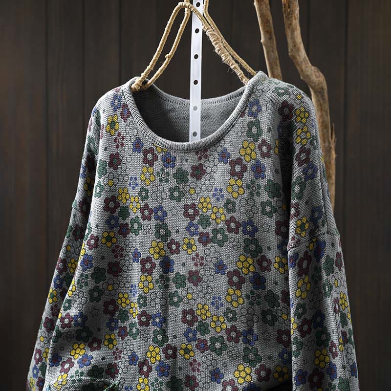 Buddha Stones Knitted Colorful Flowers Pattern Women's Cotton Long Sleeve Sweater With Pockets - image 17