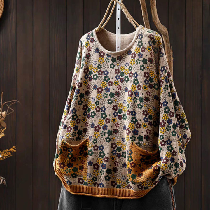 Buddha Stones Knitted Colorful Flowers Pattern Women's Cotton Long Sleeve Sweater With Pockets - Moccasin - US4-6，UK/AU8-10，EU36-38 (F) - image 0