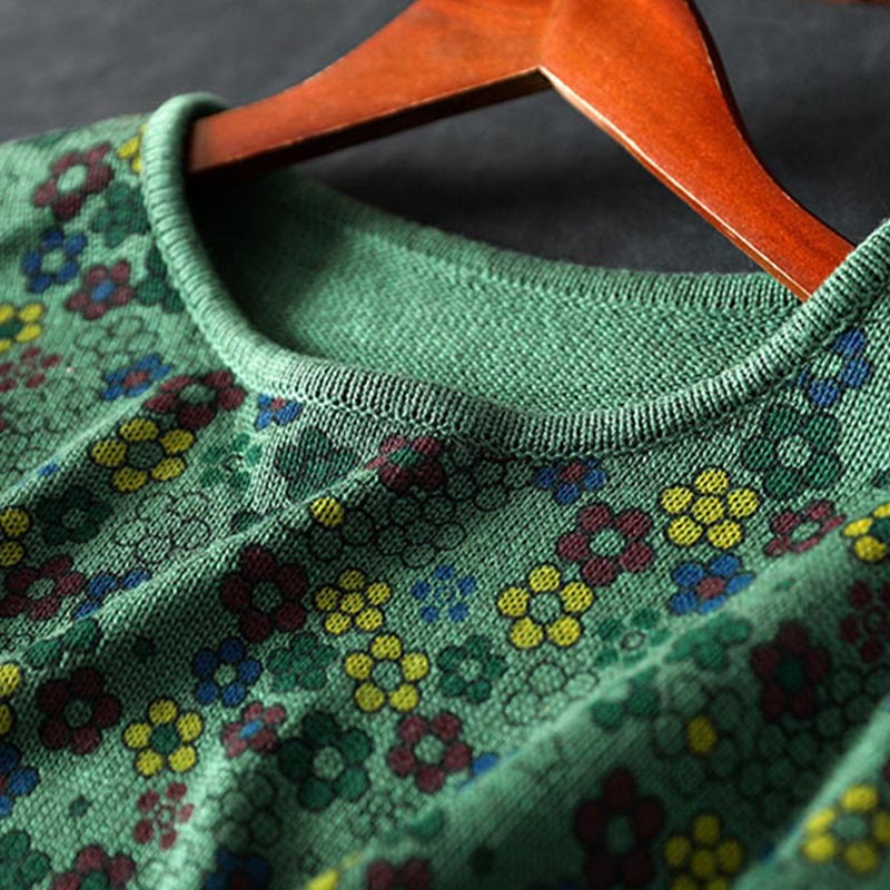 Buddha Stones Knitted Colorful Flowers Pattern Women's Cotton Long Sleeve Sweater With Pockets - image 6