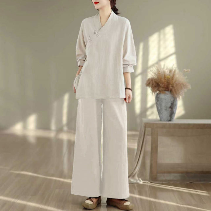 Buddha Stones 2Pcs V-Neck Long Sleeve Shirt Wide Leg Pants Zen Meditation Women's Set - Beige Shirt&Pants - US8-10，UK/AU12-14，EU40-42 (2XL) - image 21