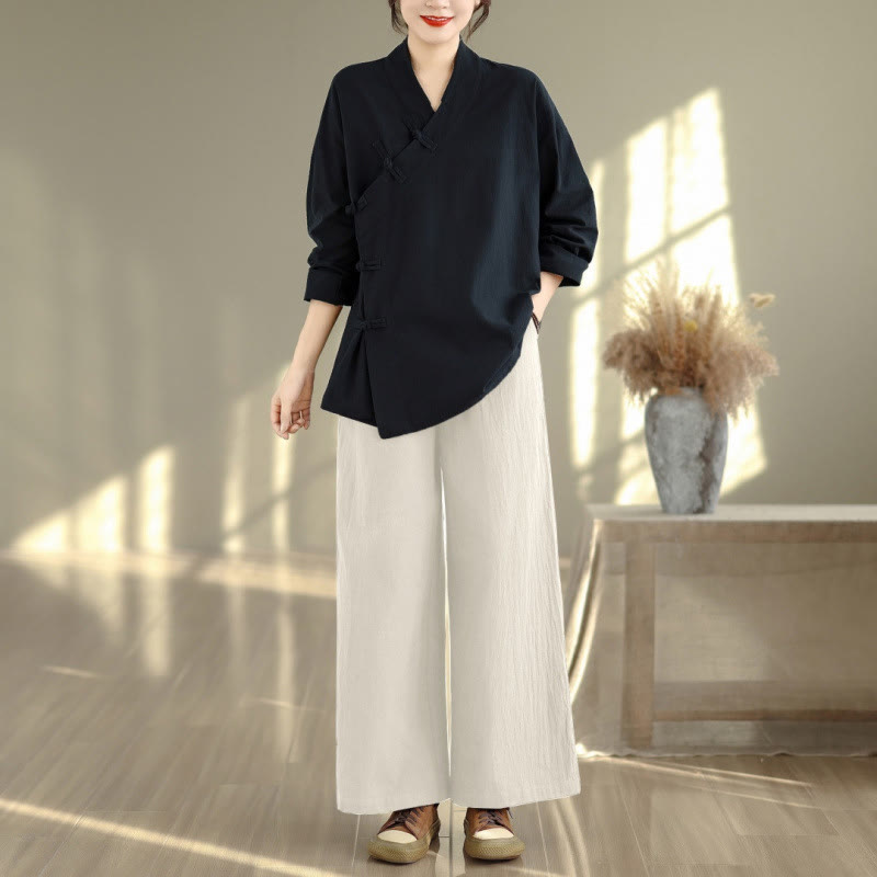 Buddha Stones 2Pcs V-Neck Long Sleeve Shirt Wide Leg Pants Zen Meditation Women's Set - Black Shirt&Beige Pants - US8-10，UK/AU12-14，EU40-42 (2XL) - image 11