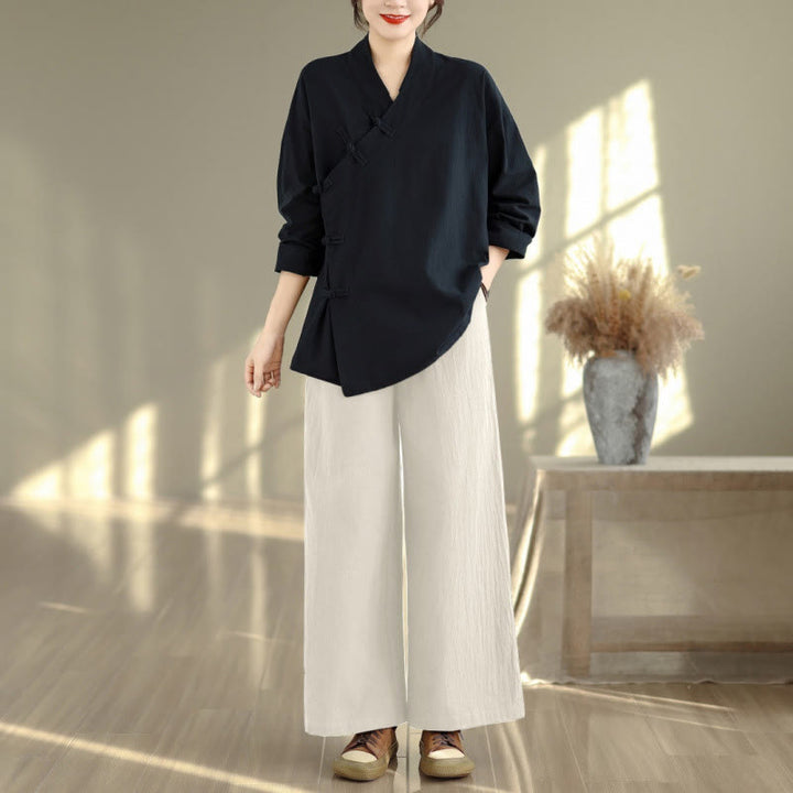 Buddha Stones 2Pcs V-Neck Long Sleeve Shirt Wide Leg Pants Zen Meditation Women's Set - Black Shirt&Beige Pants - US8-10，UK/AU12-14，EU40-42 (2XL) - image 11