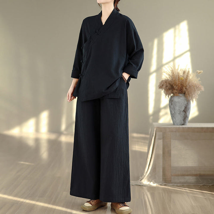 Buddha Stones 2Pcs V-Neck Long Sleeve Shirt Wide Leg Pants Zen Meditation Women's Set - image 16