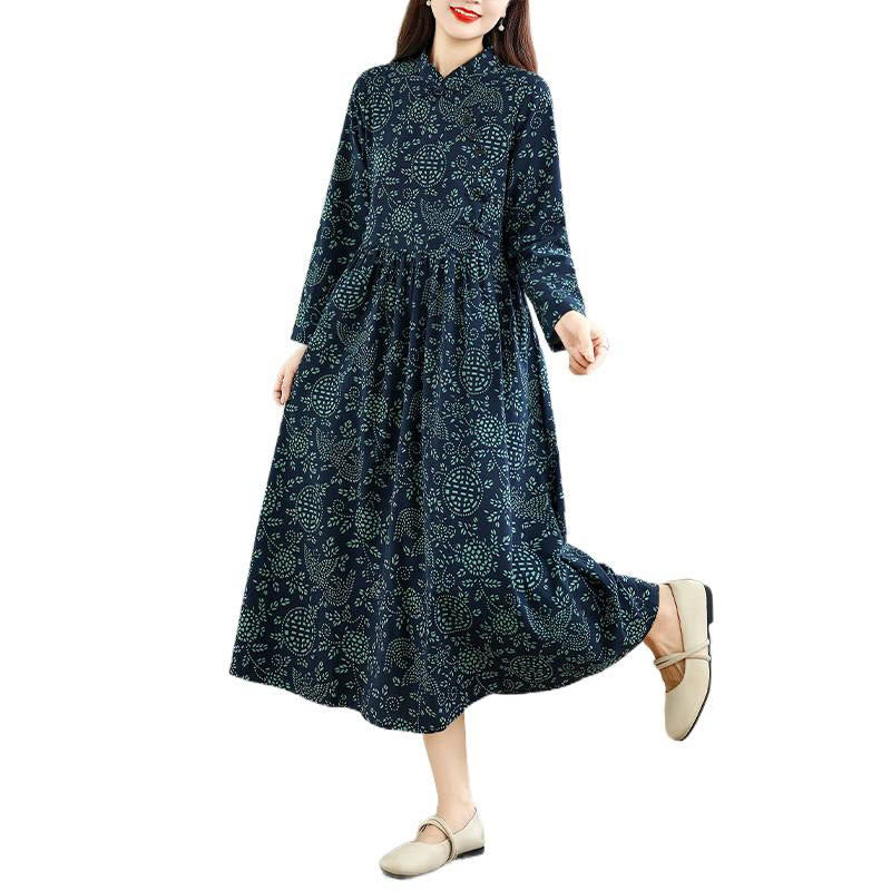 Buddha Stones Printed Floral Long Sleeve Stand Collar Cotton Maxi Dress With Pockets - image 10