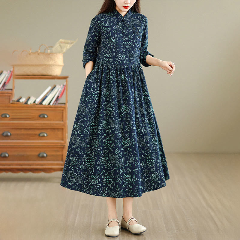 Buddha Stones Printed Floral Long Sleeve Stand Collar Cotton Maxi Dress With Pockets - image 5