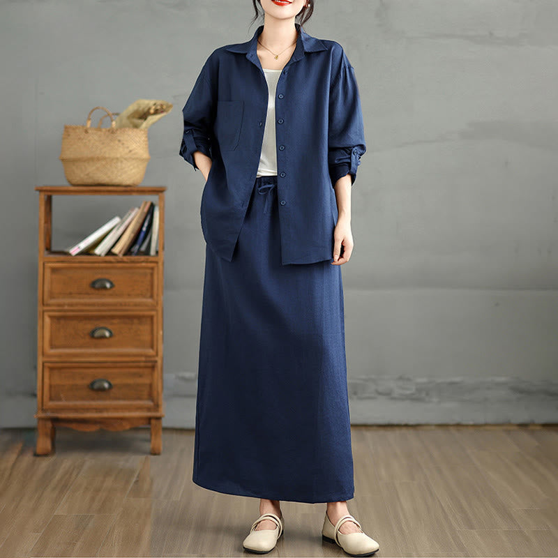 Buddha Stones 2pcs Solid Color Long Sleeve Buttons Shirt 7-8 Length Skirt Cotton Set With Pockets  - image 5
