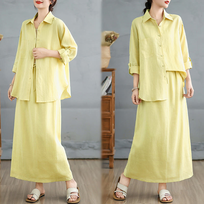 Buddha Stones 2pcs Solid Color Long Sleeve Buttons Shirt 7-8 Length Skirt Cotton Set With Pockets  - image 20