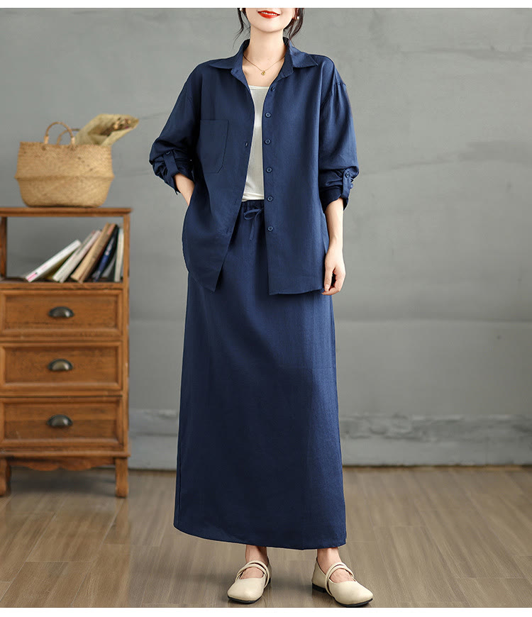 Buddha Stones 2pcs Solid Color Long Sleeve Buttons Shirt 7-8 Length Skirt Cotton Set With Pockets  - image 1