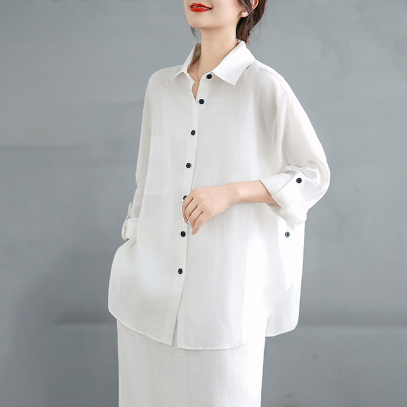 Buddha Stones 2pcs Solid Color Long Sleeve Buttons Shirt 7-8 Length Skirt Cotton Set With Pockets  - image 13