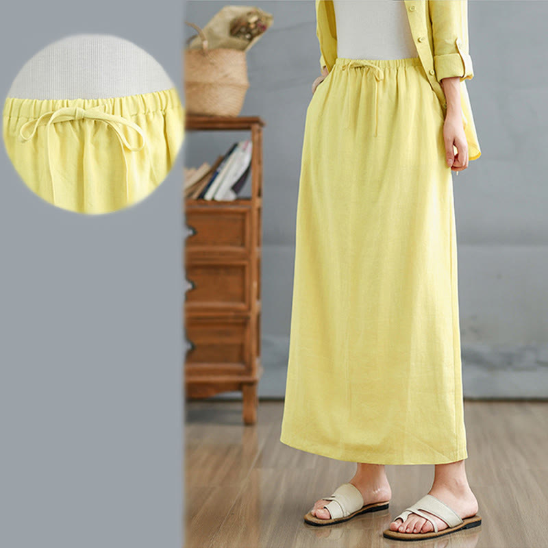 Buddha Stones 2pcs Solid Color Long Sleeve Buttons Shirt 7-8 Length Skirt Cotton Set With Pockets  - image 28