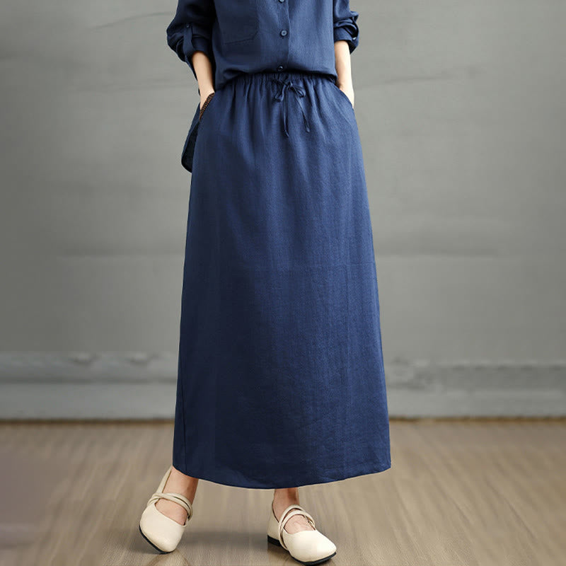 Buddha Stones 2pcs Solid Color Long Sleeve Buttons Shirt 7-8 Length Skirt Cotton Set With Pockets  - image 8