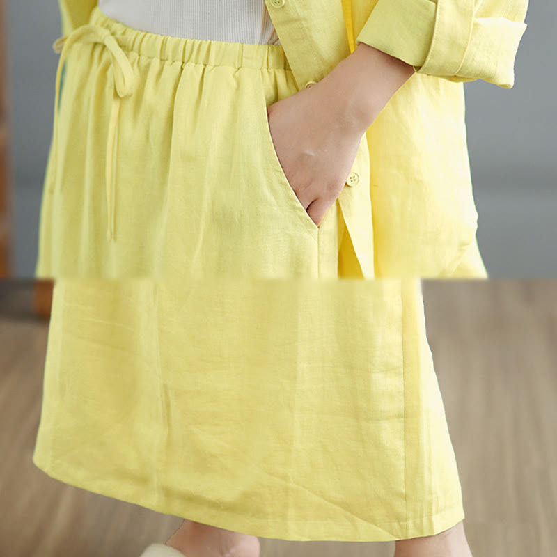 Buddha Stones 2pcs Solid Color Long Sleeve Buttons Shirt 7-8 Length Skirt Cotton Set With Pockets  - image 25