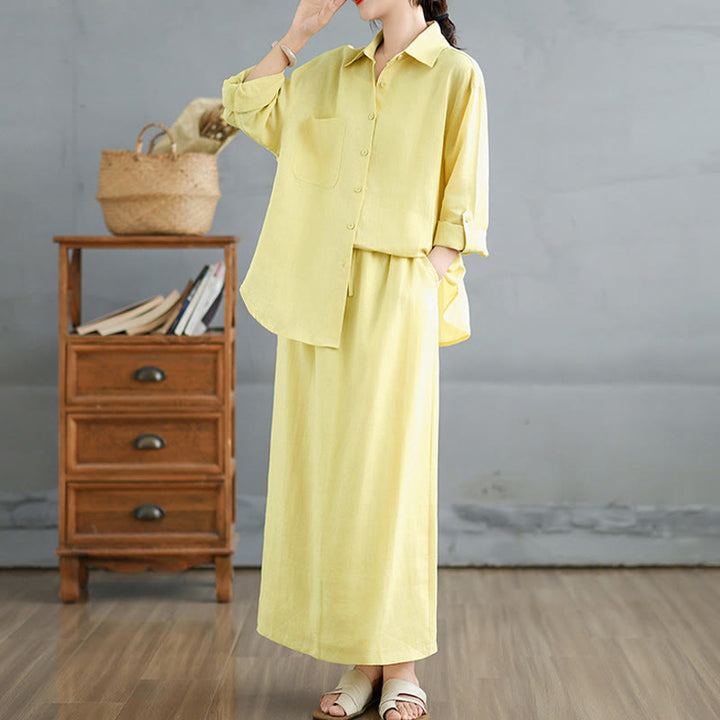 Buddha Stones 2pcs Solid Color Long Sleeve Buttons Shirt 7-8 Length Skirt Cotton Set With Pockets  - image 17