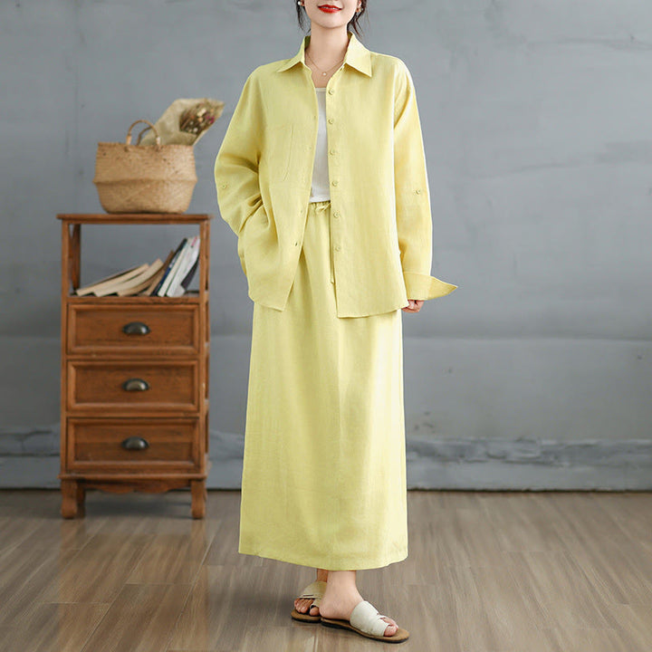 Buddha Stones 2pcs Solid Color Long Sleeve Buttons Shirt 7-8 Length Skirt Cotton Set With Pockets  - LightGoldenrodYellow - US8-10，UK/AU12-14，EU40-42 (2XL) - image 16