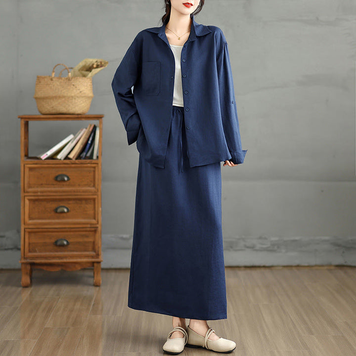 Buddha Stones 2pcs Solid Color Long Sleeve Buttons Shirt 7-8 Length Skirt Cotton Set With Pockets  - MidnightBlue - US8-10，UK/AU12-14，EU40-42 (2XL) - image 0