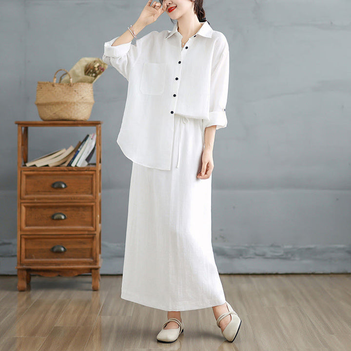 Buddha Stones 2pcs Solid Color Long Sleeve Buttons Shirt 7-8 Length Skirt Cotton Set With Pockets  - image 12