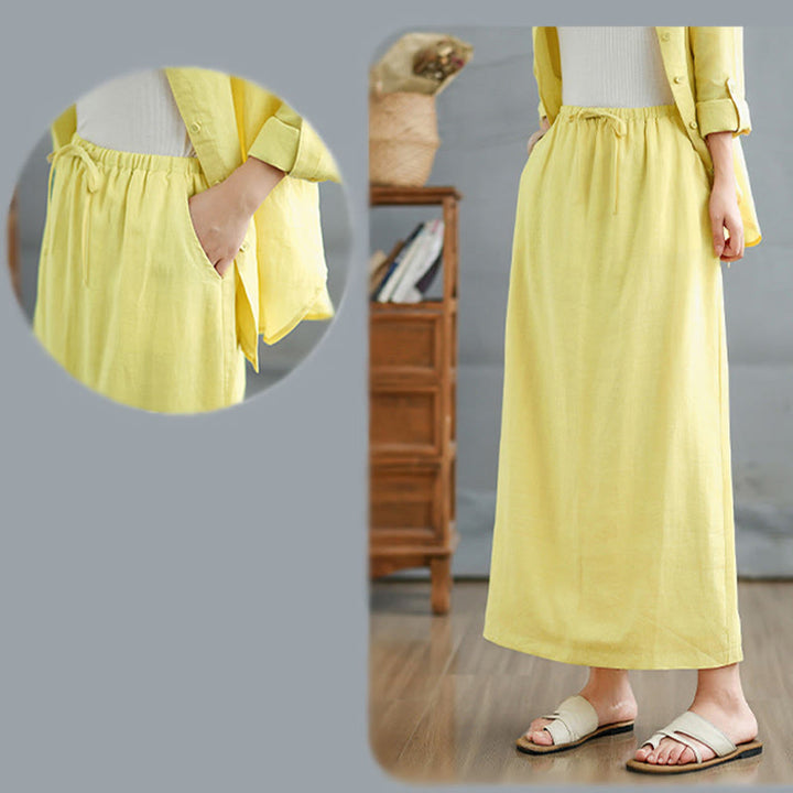 Buddha Stones 2pcs Solid Color Long Sleeve Buttons Shirt 7-8 Length Skirt Cotton Set With Pockets  - image 29