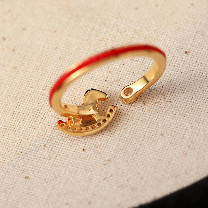Buddha Stones Opening Copper Golden Year Of The Horse Luck Red String Ring - image 1