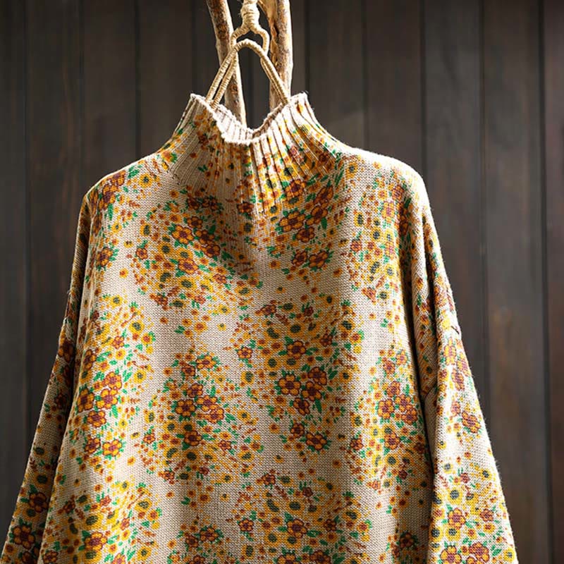 Buddha Stones Women's Knitted Floral Cotton Ribbed Hem Long Sleeve Mock Neck Sweater - image 2