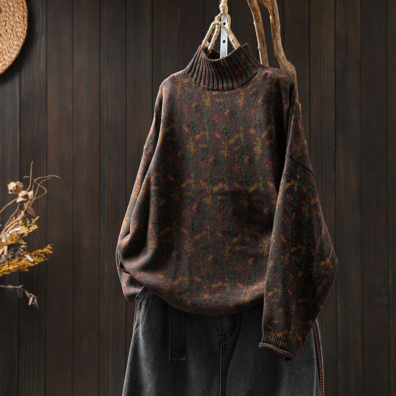 Buddha Stones Knitted Plant Pattern Long Sleeve Mock Neck Women's Cotton Sweater - SaddleBrown - US4-6，UK/AU8-10，EU36-38 (F) - image 22