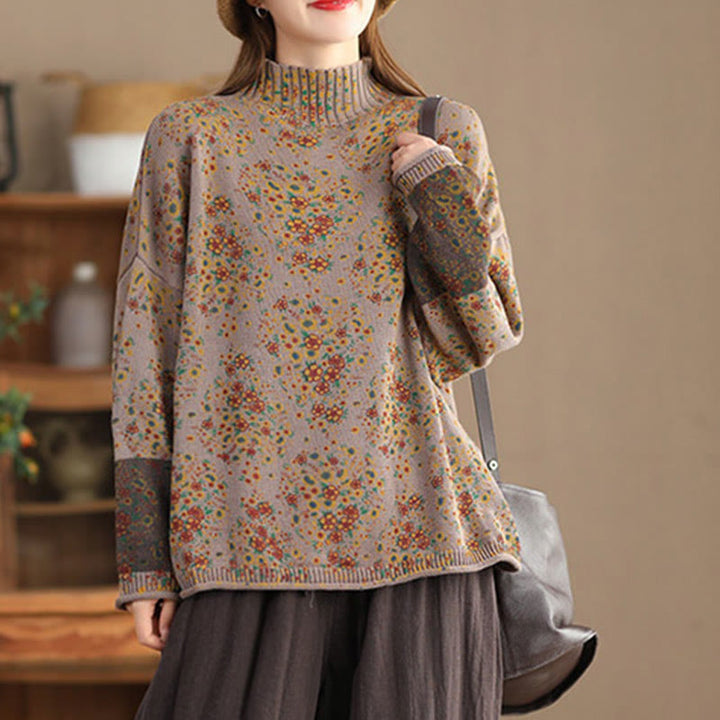 Buddha Stones Fall Printing Floral Long Sleeve Mock Neck Women's Knitted Sweater - image 13