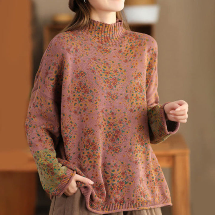Buddha Stones Fall Printing Floral Long Sleeve Mock Neck Women's Knitted Cotton Sweater - SandyBrown - US4-12，UK/AU8-16，EU36-44 (F) - image 0