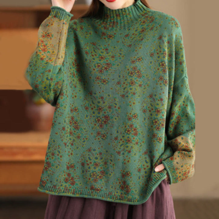 Buddha Stones Fall Printing Floral Long Sleeve Mock Neck Women's Knitted Cotton Sweater - SeaGreen - US4-12，UK/AU8-16，EU36-44 (F) - image 15