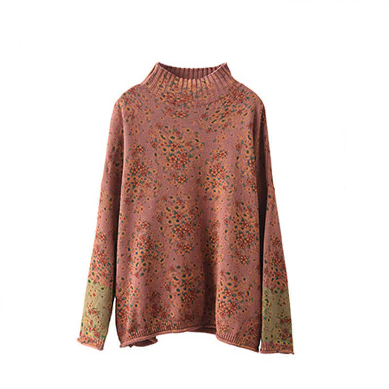 Buddha Stones Fall Printing Floral Long Sleeve Mock Neck Women's Knitted Sweater - image 8