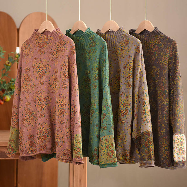 Buddha Stones Fall Printing Floral Long Sleeve Mock Neck Women's Knitted Sweater - image 20