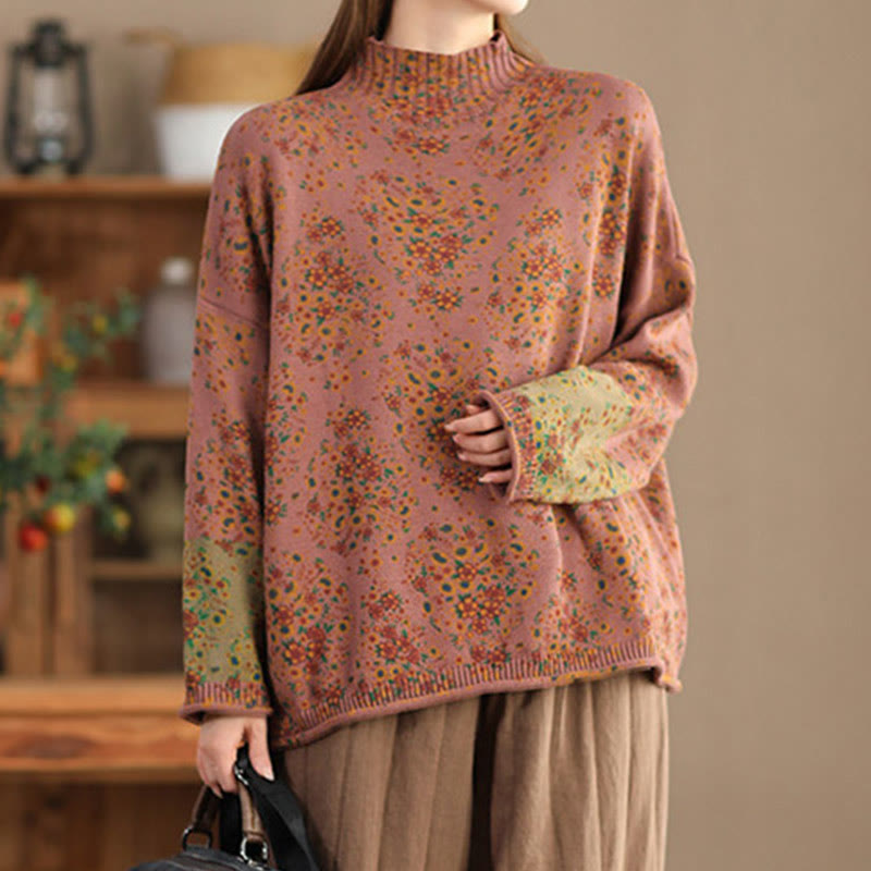 Buddha Stones Fall Printing Floral Long Sleeve Mock Neck Women's Knitted Sweater - image 1