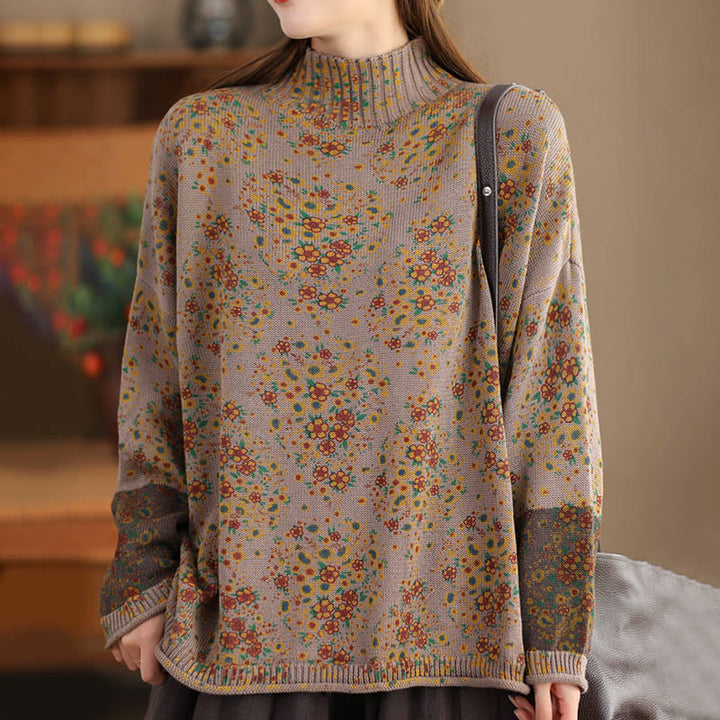 Buddha Stones Fall Printing Floral Long Sleeve Mock Neck Women's Knitted Cotton Sweater - image 12