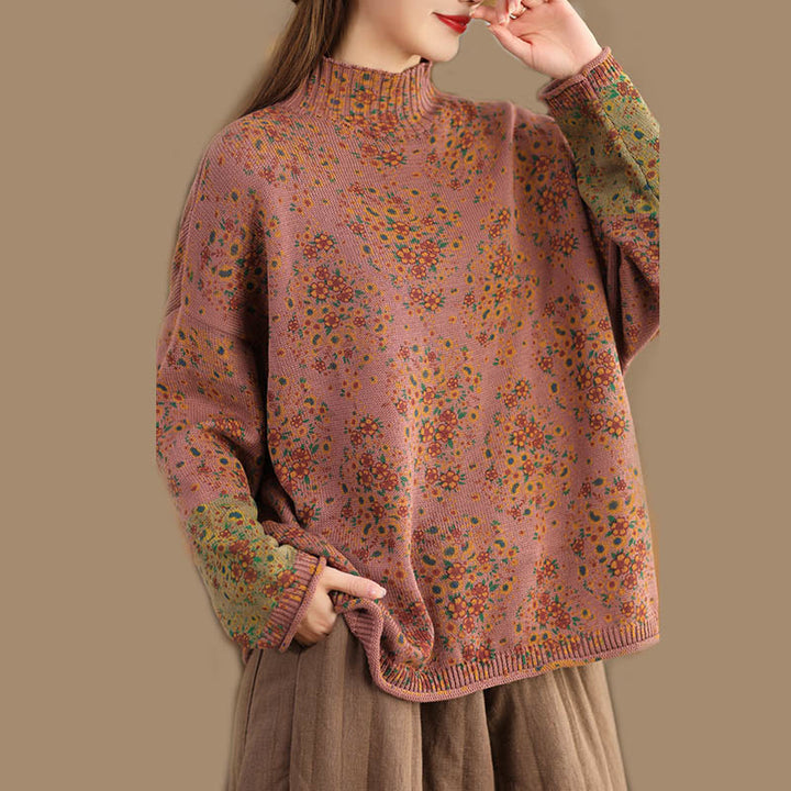 Buddha Stones Fall Printing Floral Long Sleeve Mock Neck Women's Knitted Sweater - image 2