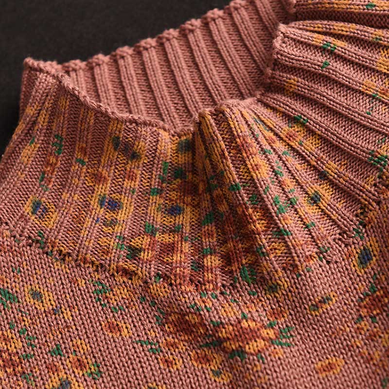 Buddha Stones Fall Printing Floral Long Sleeve Mock Neck Women's Knitted Cotton Sweater - image 3