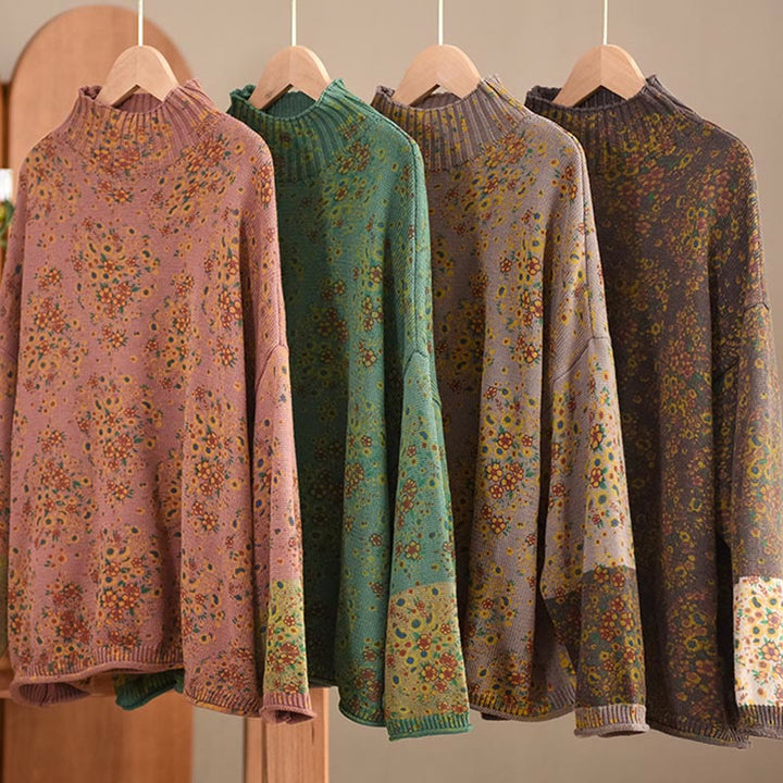 Buddha Stones Fall Printing Floral Long Sleeve Mock Neck Women's Knitted Cotton Sweater - image 19