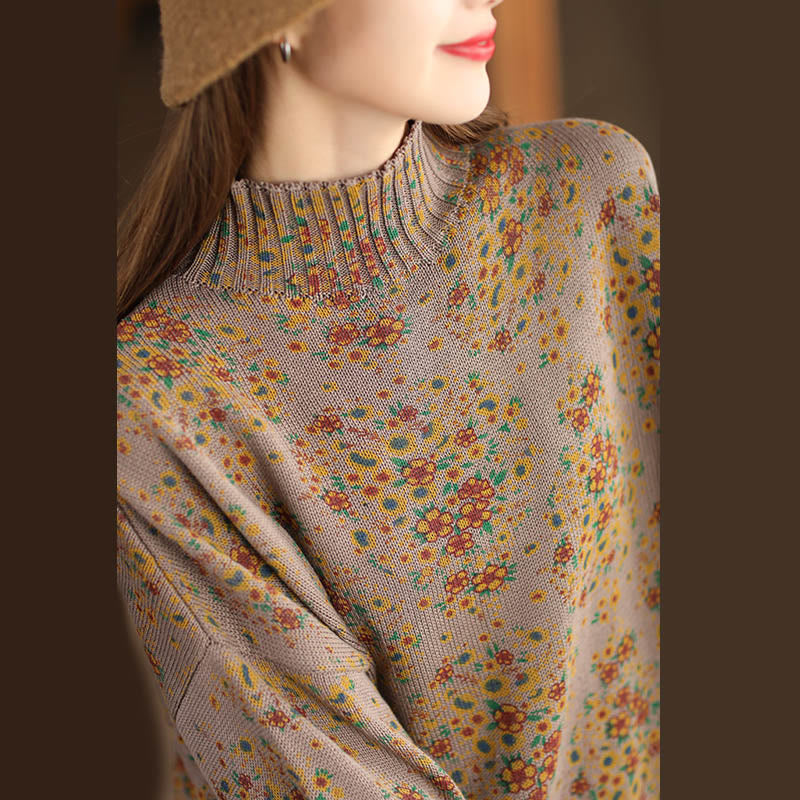 Buddha Stones Fall Printing Floral Long Sleeve Mock Neck Women's Knitted Cotton Sweater - image 14