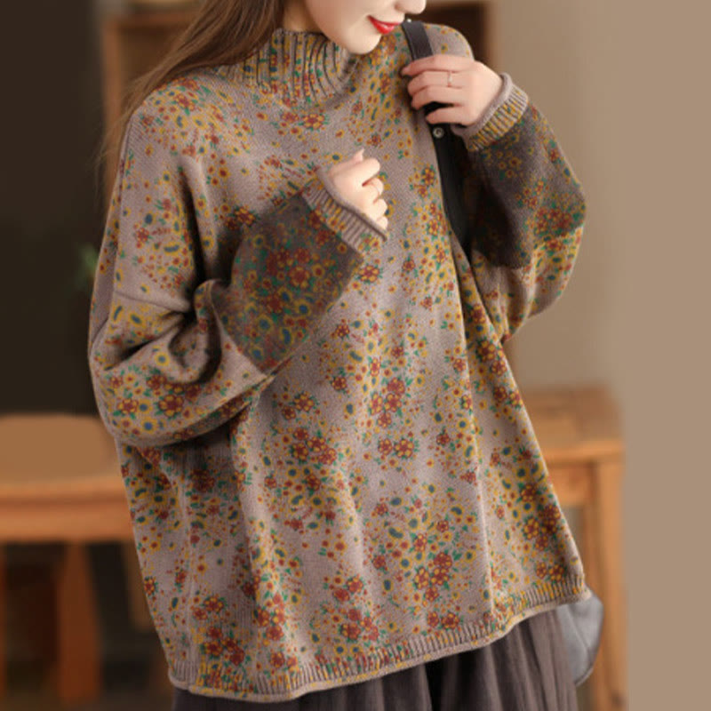 Buddha Stones Fall Printing Floral Long Sleeve Mock Neck Women's Knitted Sweater - BurlyWood - US4-12，UK/AU8-16，EU36-44 (F) - image 10