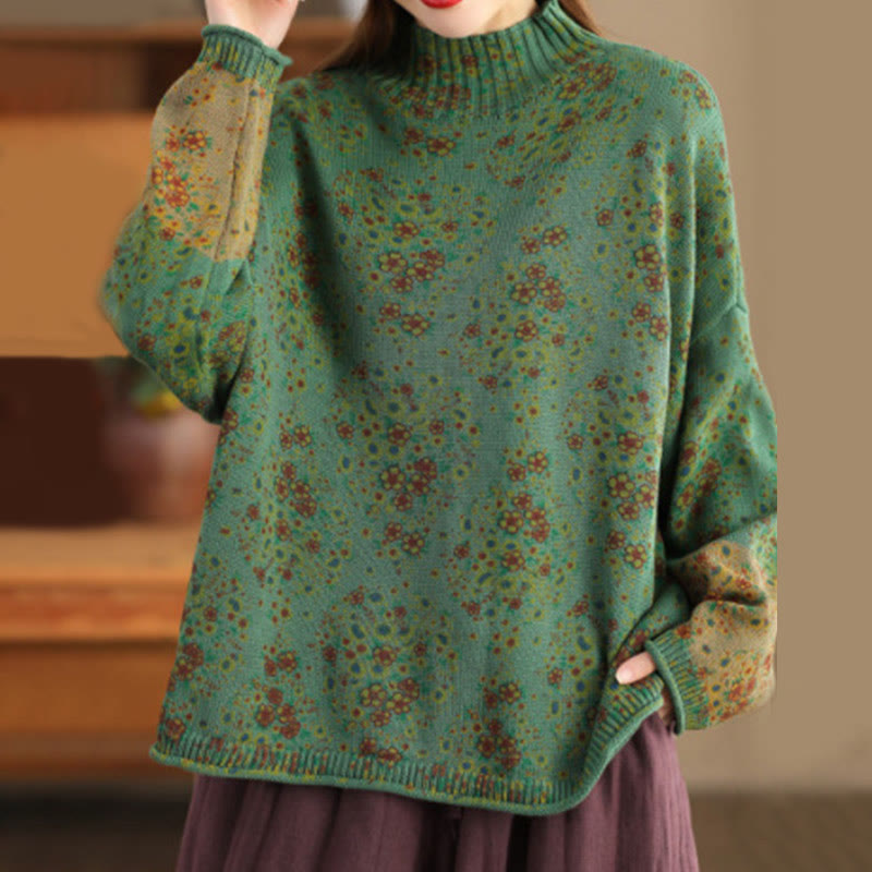 Buddha Stones Fall Printing Floral Long Sleeve Mock Neck Women's Knitted Sweater - SeaGreen - US4-12，UK/AU8-16，EU36-44 (F) - image 15