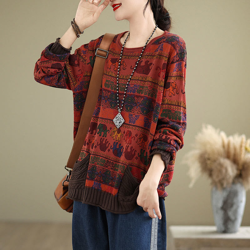 Buddha Stones Fall Elephant Pattern Knitted Cotton Women's Long Sleeve Sweater With Pockets - image 22