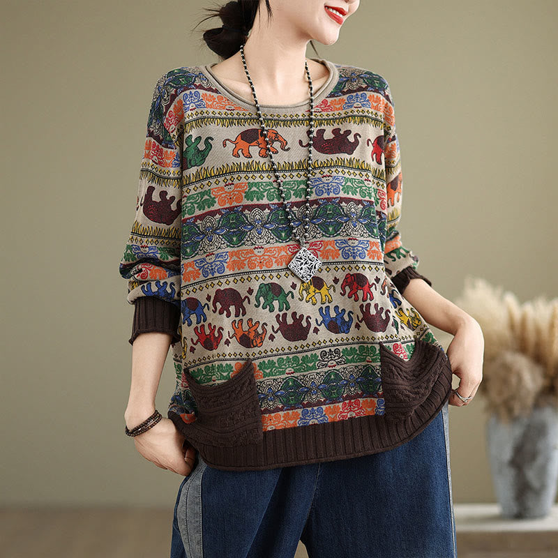 Buddha Stones Fall Elephant Pattern Knitted Cotton Women's Long Sleeve Sweater With Pockets - image 0