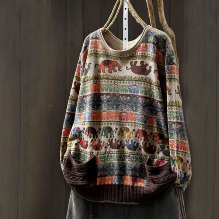 Buddha Stones Fall Elephant Pattern Knitted Cotton Women's Long Sleeve Sweater With Pockets - image 5