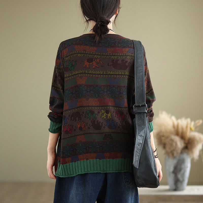 Buddha Stones Fall Elephant Pattern Knitted Cotton Women's Long Sleeve Sweater With Pockets - image 15