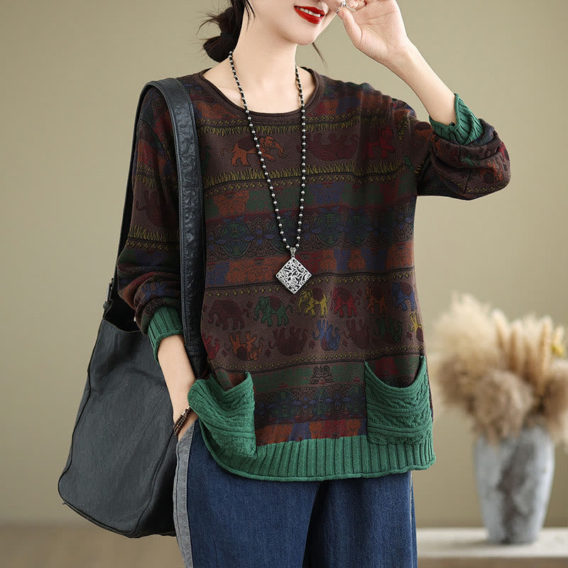 Buddha Stones Fall Elephant Pattern Knitted Cotton Women's Long Sleeve Sweater With Pockets - SaddleBrown - US4-6，UK/AU8-10，EU36-38 (F) - image 13