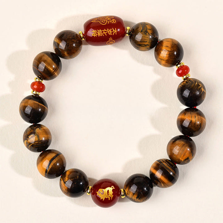 Buddha Stones 12 Chinese Zodiac Natural Tiger Eye Red Agate Protection Bracelet - 12mm(Wrist Circumference 17-18cm) - Pig - image 44